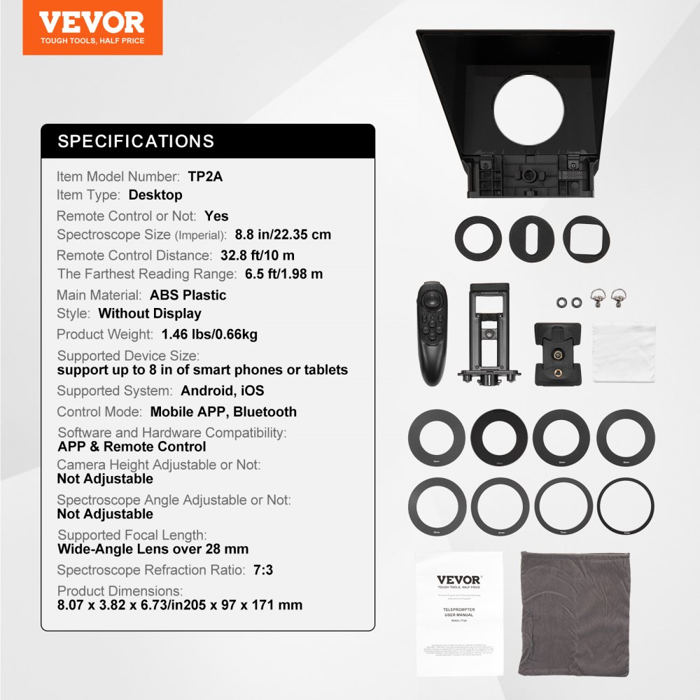 Teleprompter VEVOR de aleación de aluminio de 8", apuntador de escritorio con espectroscopio ajustable y control remoto, para YouTube, Twitch y Zoom, compatible con DSLR, webcam y smartphone, para grabación de vídeo y transmisión en directo.