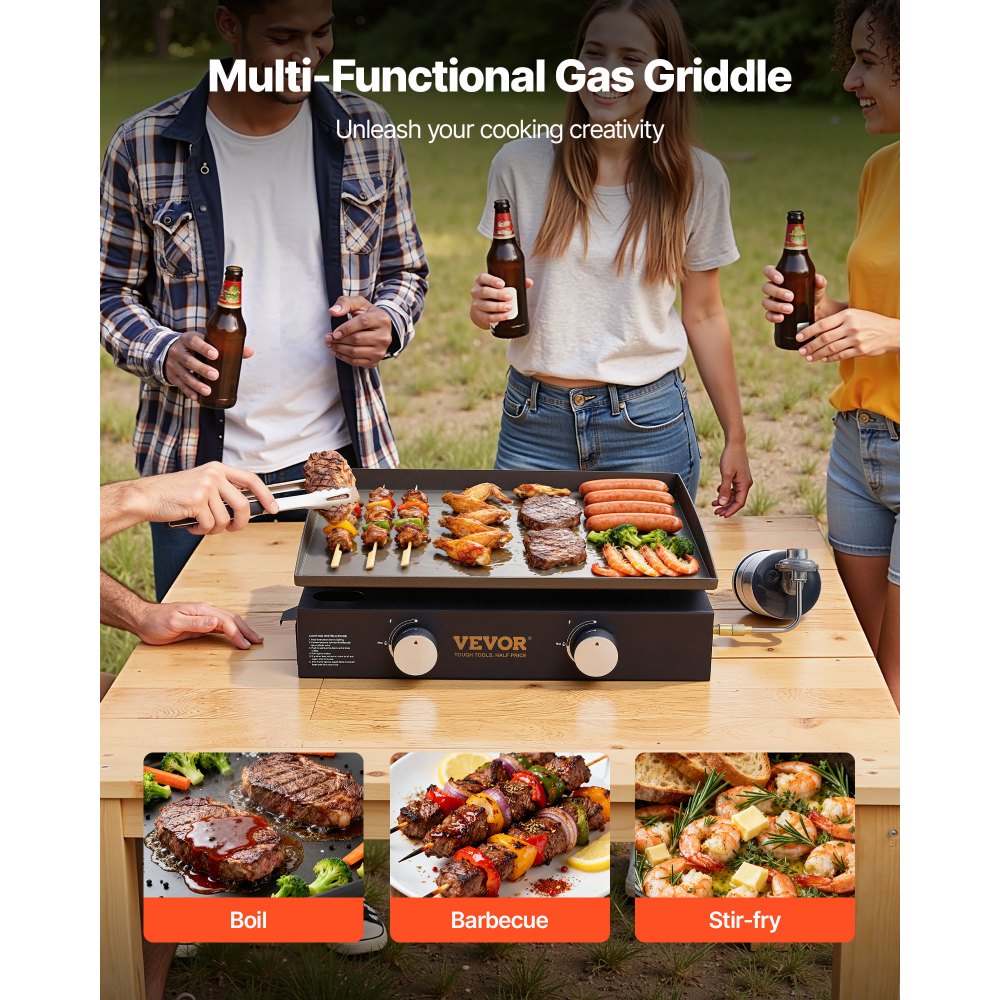 Plancha de gas VEVOR, plancha de sobremesa de 2 quemadores, plancha portátil de 22 pulgadas, propano con orificio de drenaje y bandeja recolectora de aceite, parrilla de camping de 22000 BTU para cocinar al aire libre, fiestas, GLP