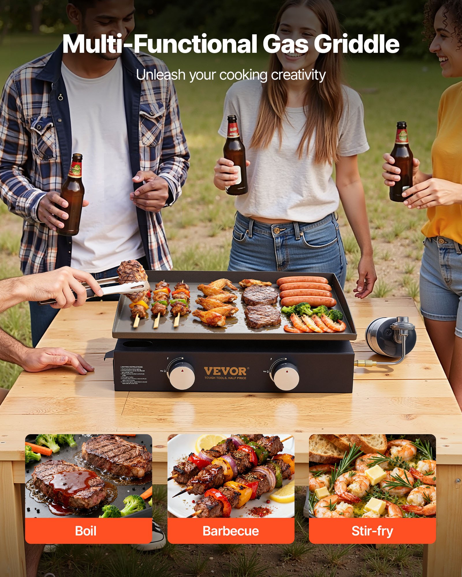 Plancha de gas VEVOR, plancha de sobremesa de 2 quemadores, plancha portátil de 22 pulgadas, propano con orificio de drenaje y bandeja recolectora de aceite, parrilla de camping de 22000 BTU para cocinar al aire libre, fiestas, GLP