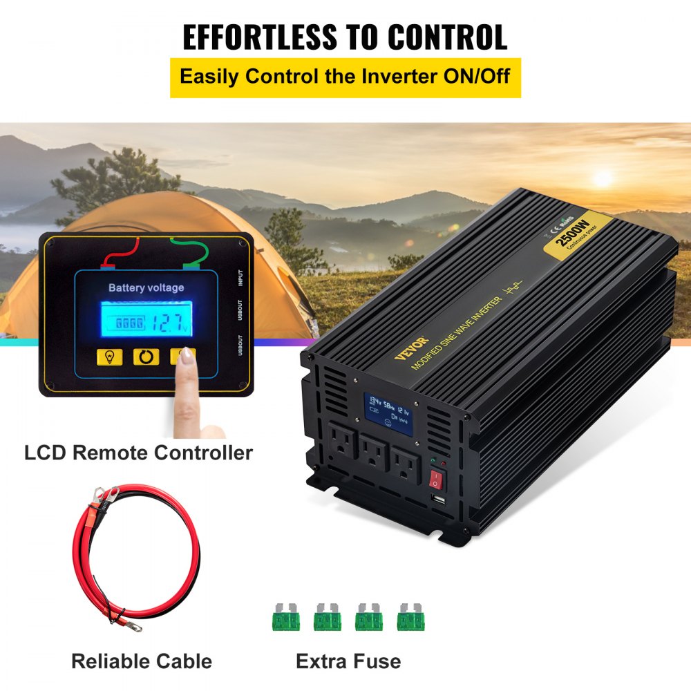 Inversor de corriente VEVOR de 2500 W, convertidor de onda sinusoidal modificada de 12 V CC a 120 V CA para coche, con pantalla LCD, control remoto e indicador LED, ideal para camiones, caravanas, coches, barcos, viajes y acampadas.