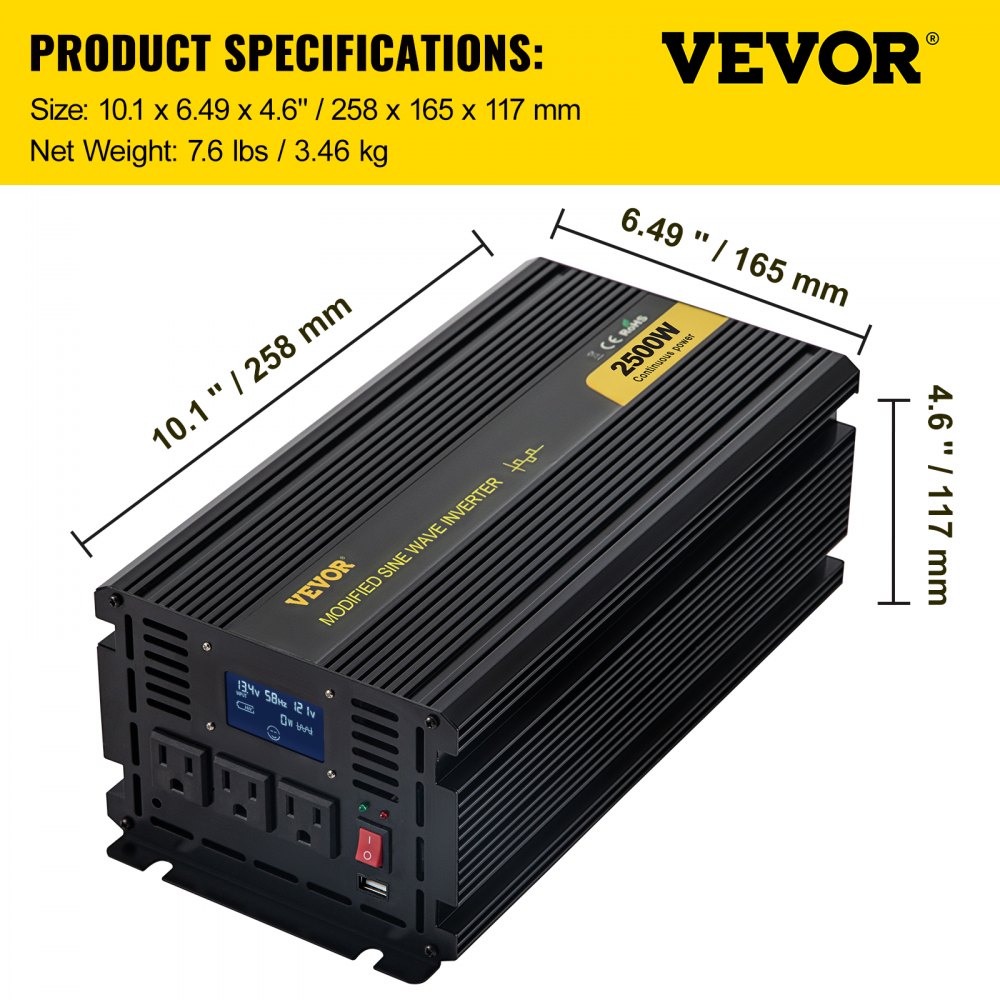 Inversor de corriente VEVOR de 2500 W, convertidor de onda sinusoidal modificada de 12 V CC a 120 V CA para coche, con pantalla LCD, control remoto e indicador LED, ideal para camiones, caravanas, coches, barcos, viajes y acampadas.