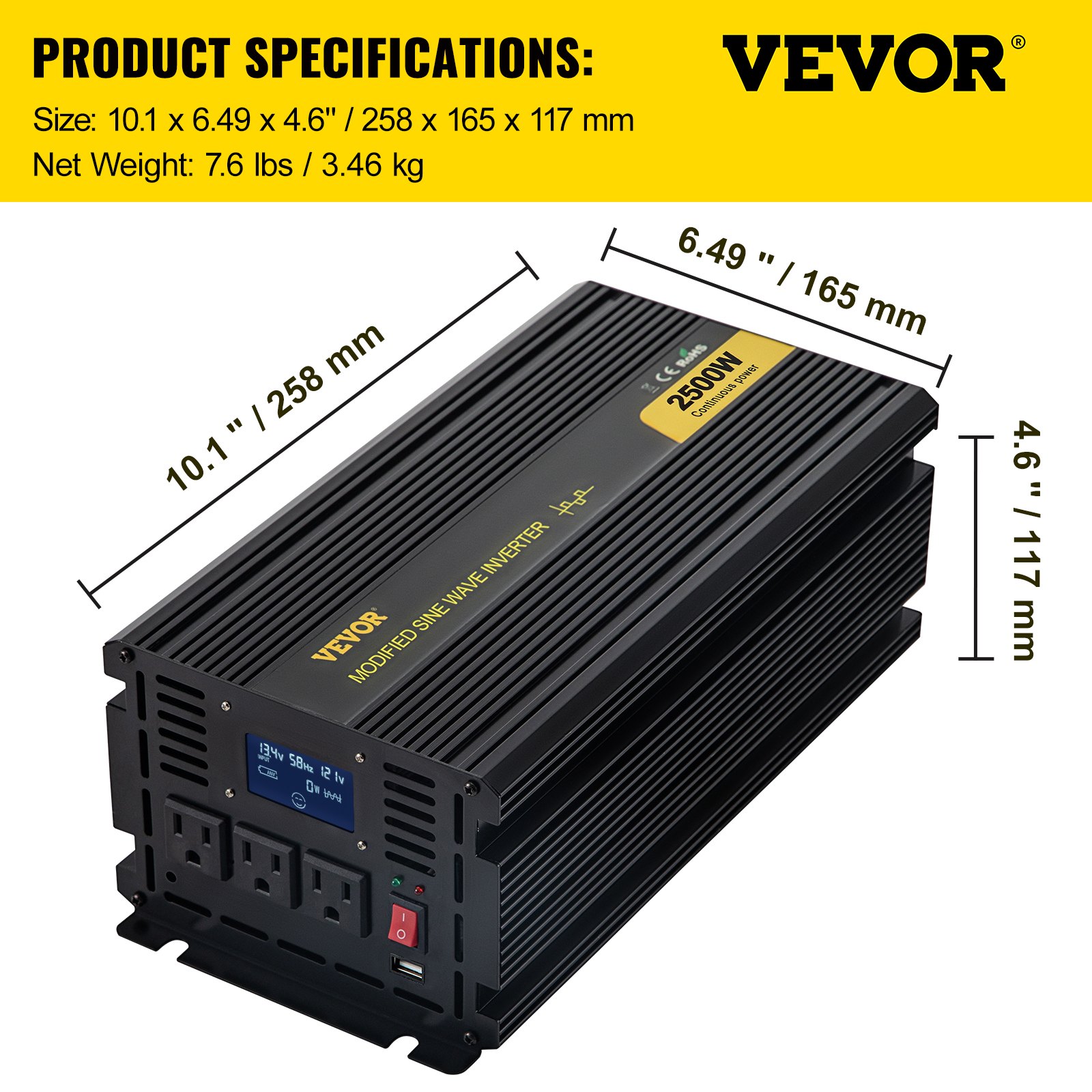 Inversor de corriente VEVOR de 2500 W, convertidor de onda sinusoidal modificada de 12 V CC a 120 V CA para coche, con pantalla LCD, control remoto e indicador LED, ideal para camiones, caravanas, coches, barcos, viajes y acampadas.
