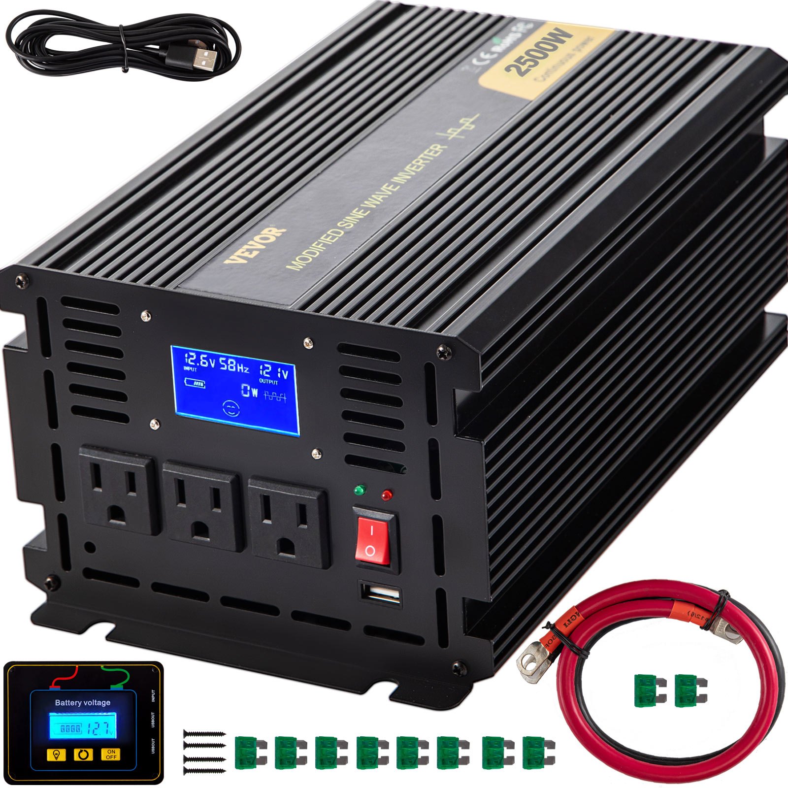 Inversor de corriente VEVOR de 2500 W, convertidor de onda sinusoidal modificada de 12 V CC a 120 V CA para coche, con pantalla LCD, control remoto e indicador LED, ideal para camiones, caravanas, coches, barcos, viajes y acampadas.