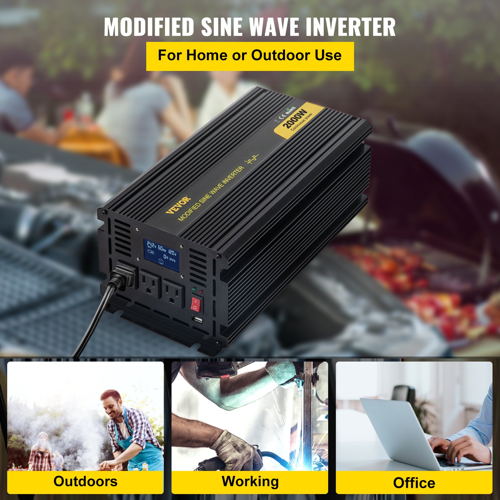 Inversor de corriente VEVOR de 2000 W, convertidor de onda sinusoidal modificada de 12 V CC a 120 V CA para coche, con pantalla LCD, control remoto e indicador LED, ideal para camiones, caravanas, coches, barcos, viajes y acampadas.