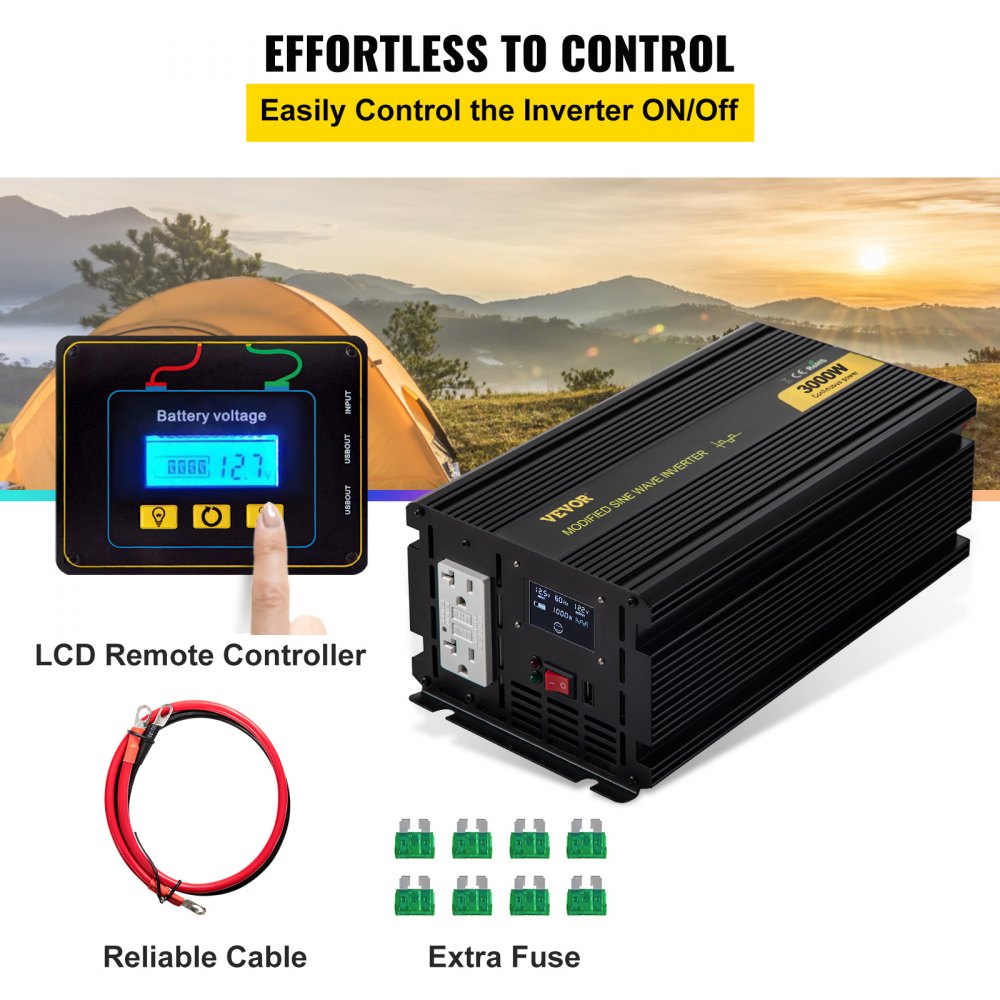 Inversor de corriente VEVOR, inversor de onda sinusoidal modificada de 3000 W, convertidor de coche de 12 V CC a 120 V CA, con pantalla LCD, mando a distancia, indicador LED, inversor de salidas GFCI para camión, caravana, coche, barco, viaje, camping