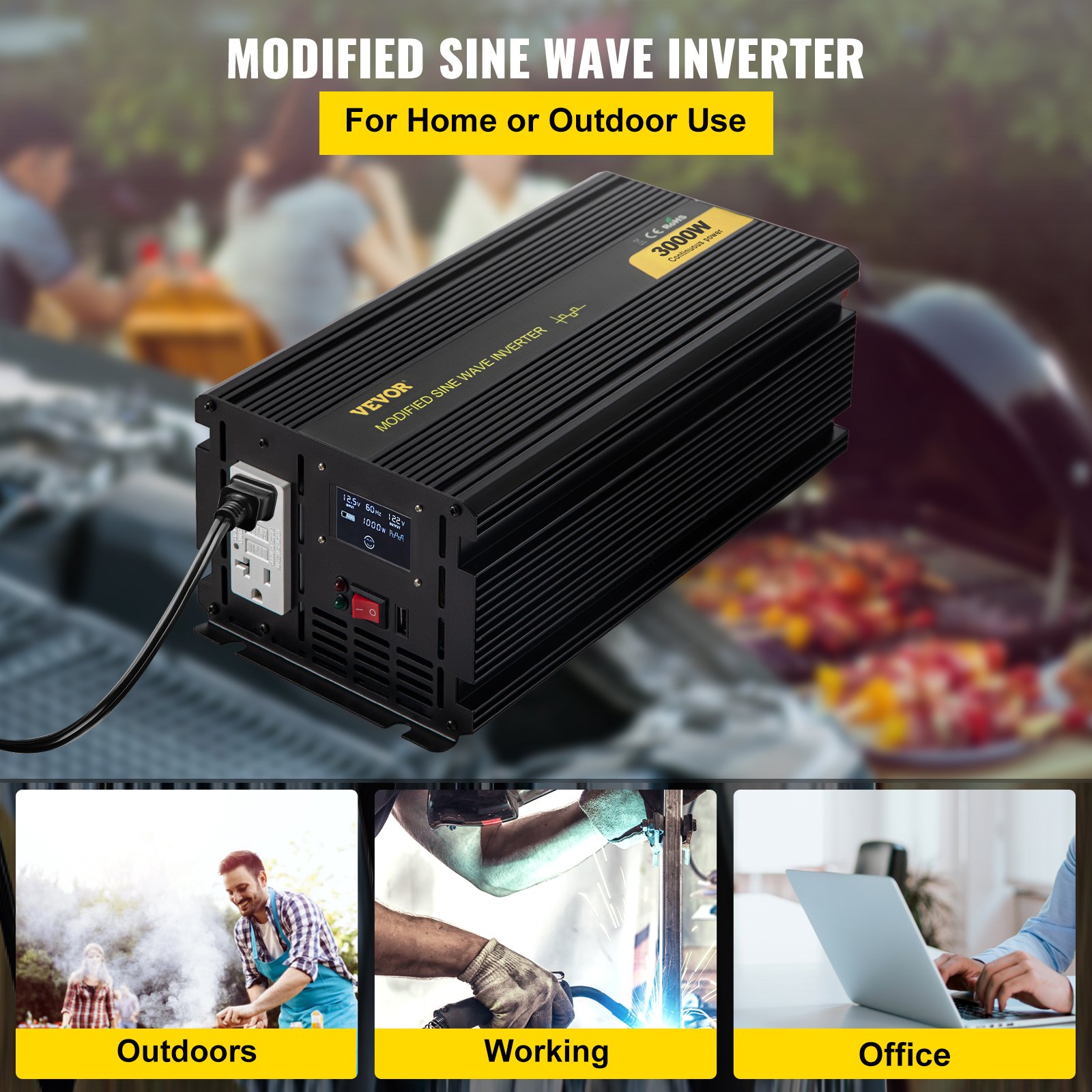 Inversor de corriente VEVOR, inversor de onda sinusoidal modificada de 3000 W, convertidor de coche de 12 V CC a 120 V CA, con pantalla LCD, mando a distancia, indicador LED, inversor de salidas GFCI para camión, caravana, coche, barco, viaje, camping