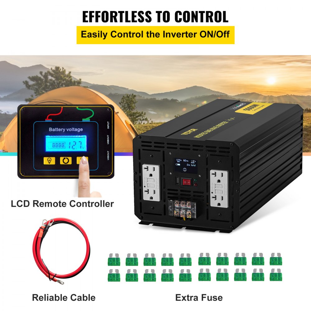 Inversor de corriente VEVOR con control remoto LCD, cable confiable y fusible adicional.