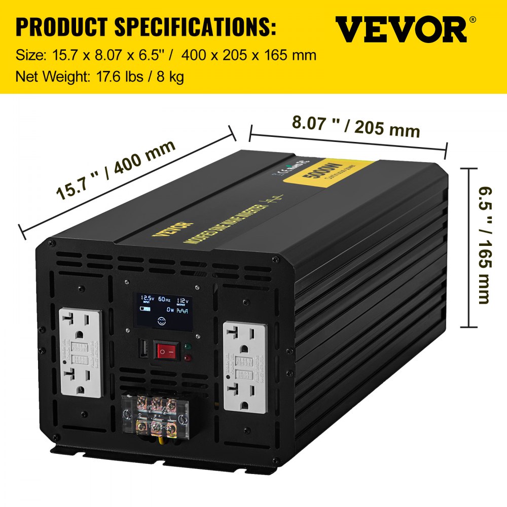 Inversor de corriente VEVOR con especificaciones de dimensiones y peso, enchufes frontales, pantalla lcd.