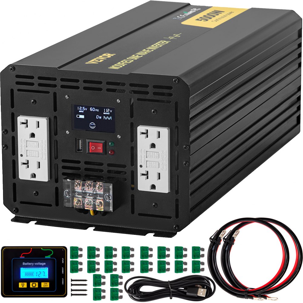 Inversor de corriente VEVOR con dos salidas de CA, pantalla LCD y accesorios.