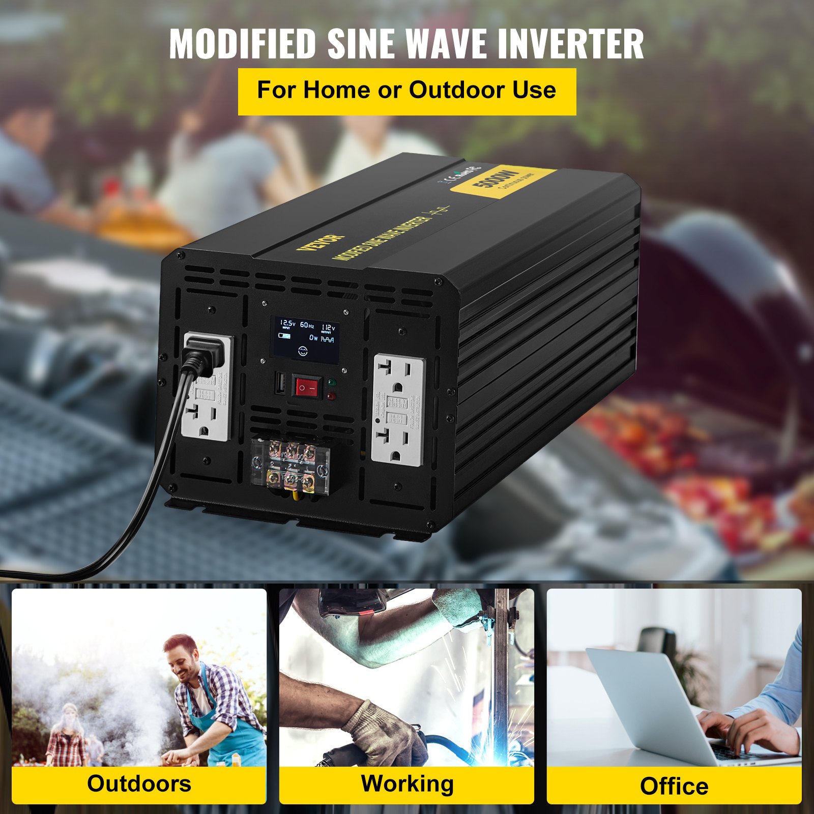 Inversor de corriente VEVOR para uso doméstico o exterior, con múltiples salidas de CA y una pantalla digital.