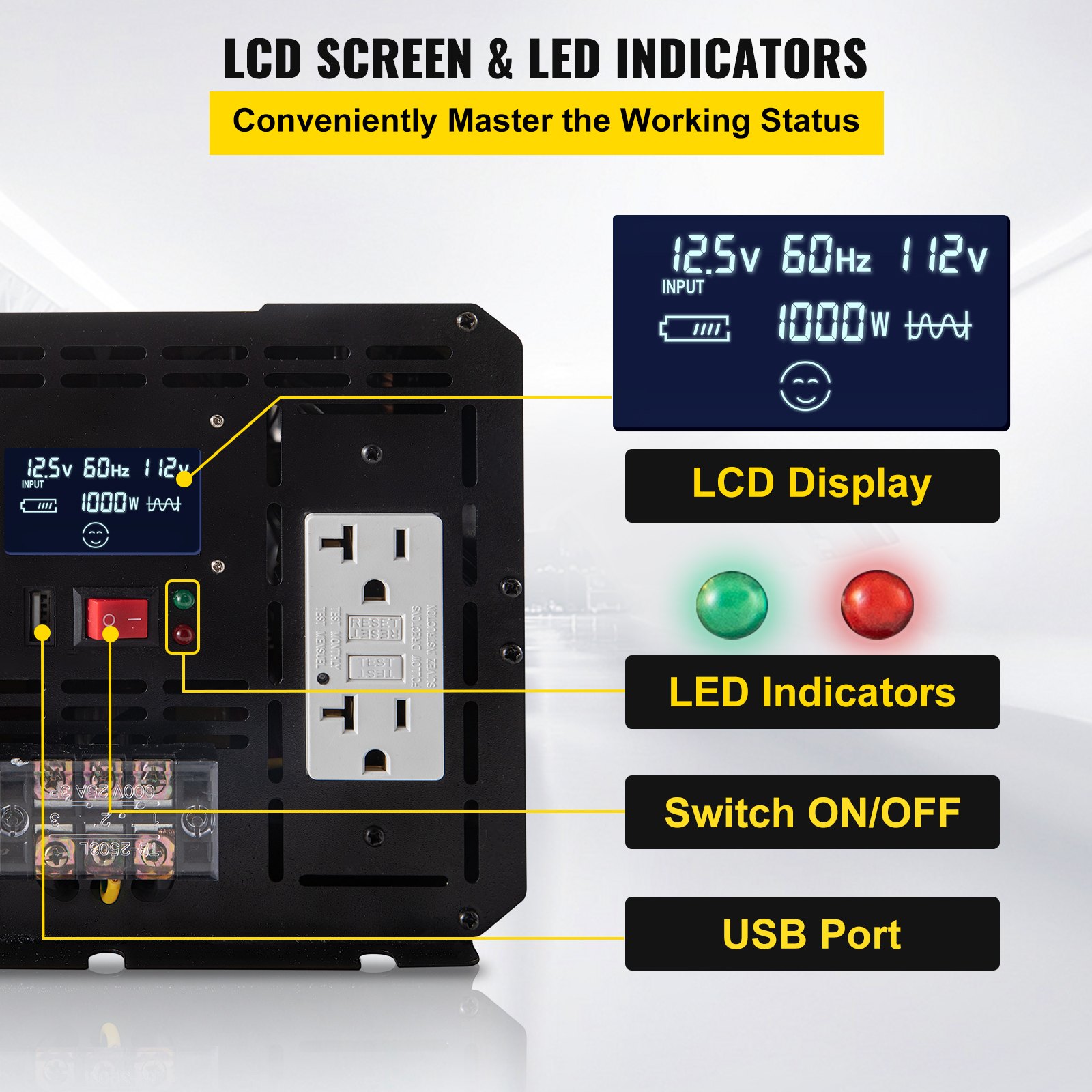 Inversor de corriente VEVOR con pantalla lcd, indicadores led, interruptor y puerto usb.