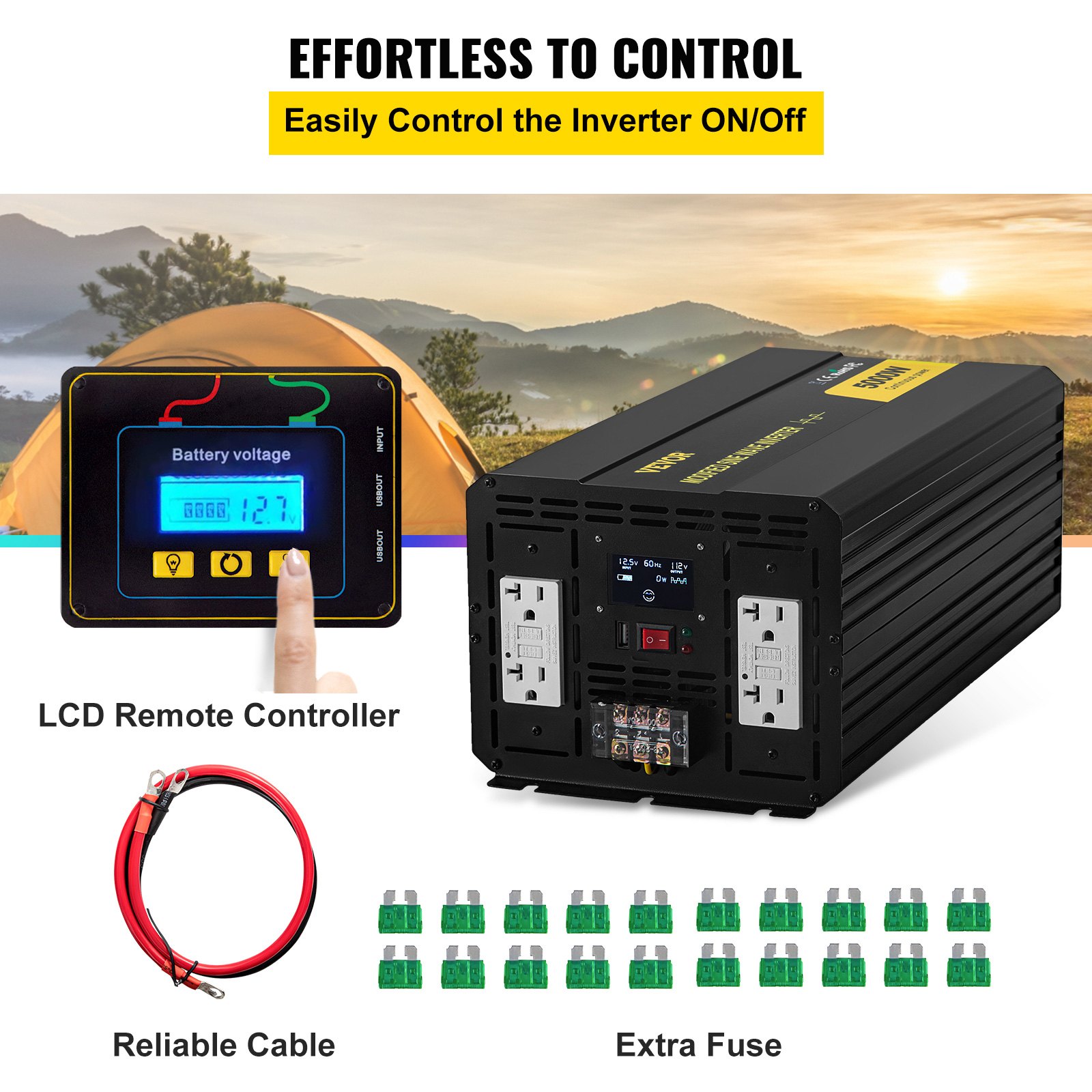 Inversor de corriente VEVOR con control remoto LCD, cable confiable y fusible adicional.