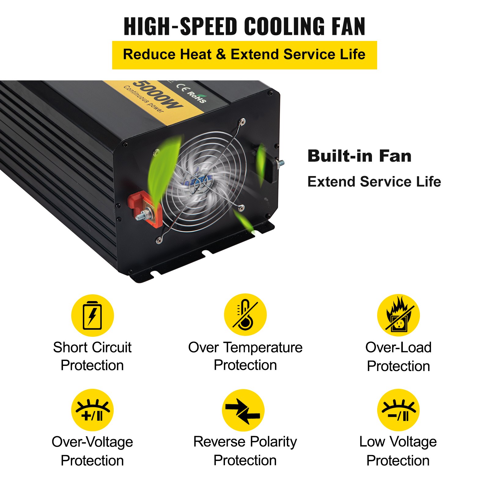 Inversor de corriente VEVOR con ventilador de refrigeración y varias funciones de protección.