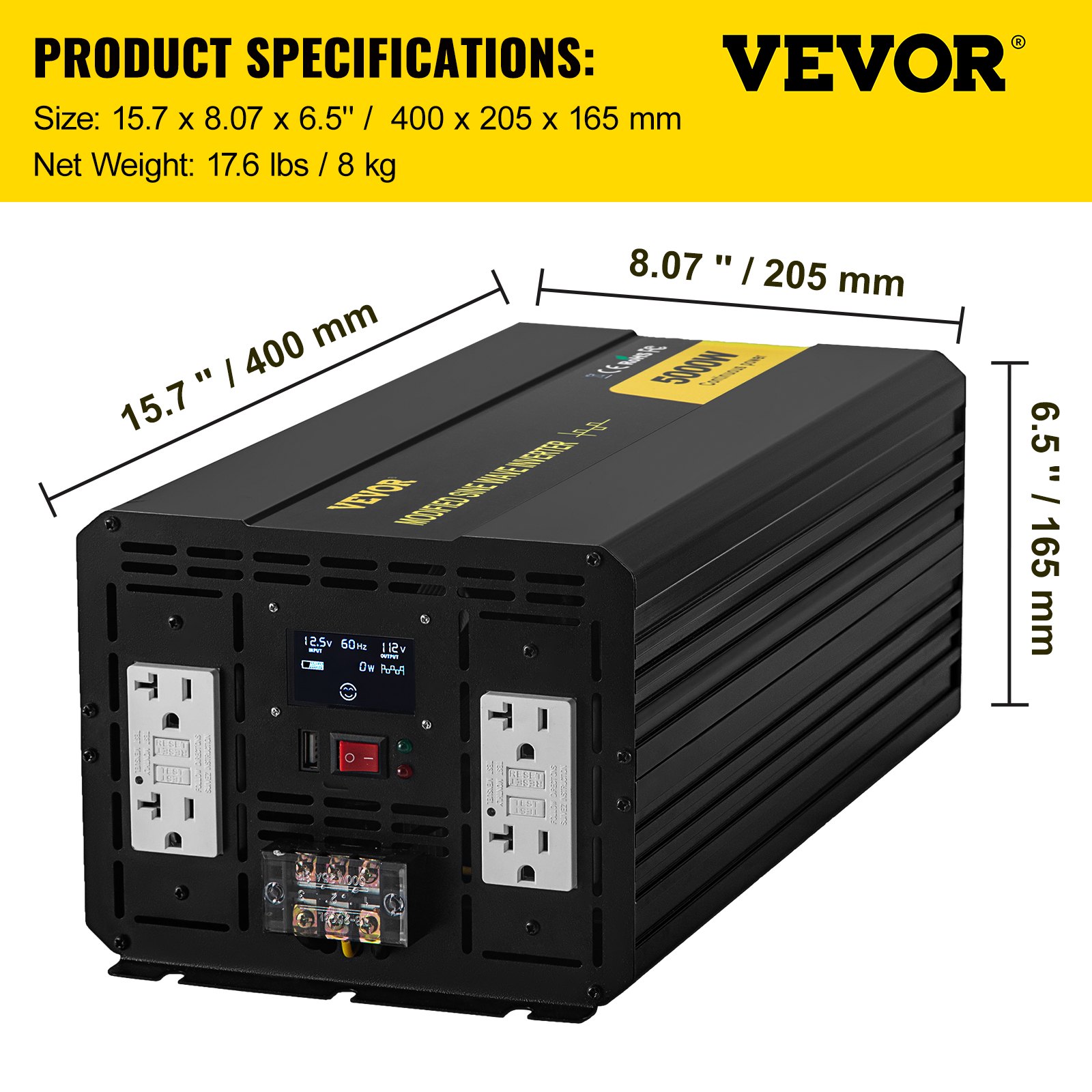 Inversor de corriente VEVOR con especificaciones de dimensiones y peso, enchufes frontales, pantalla lcd.