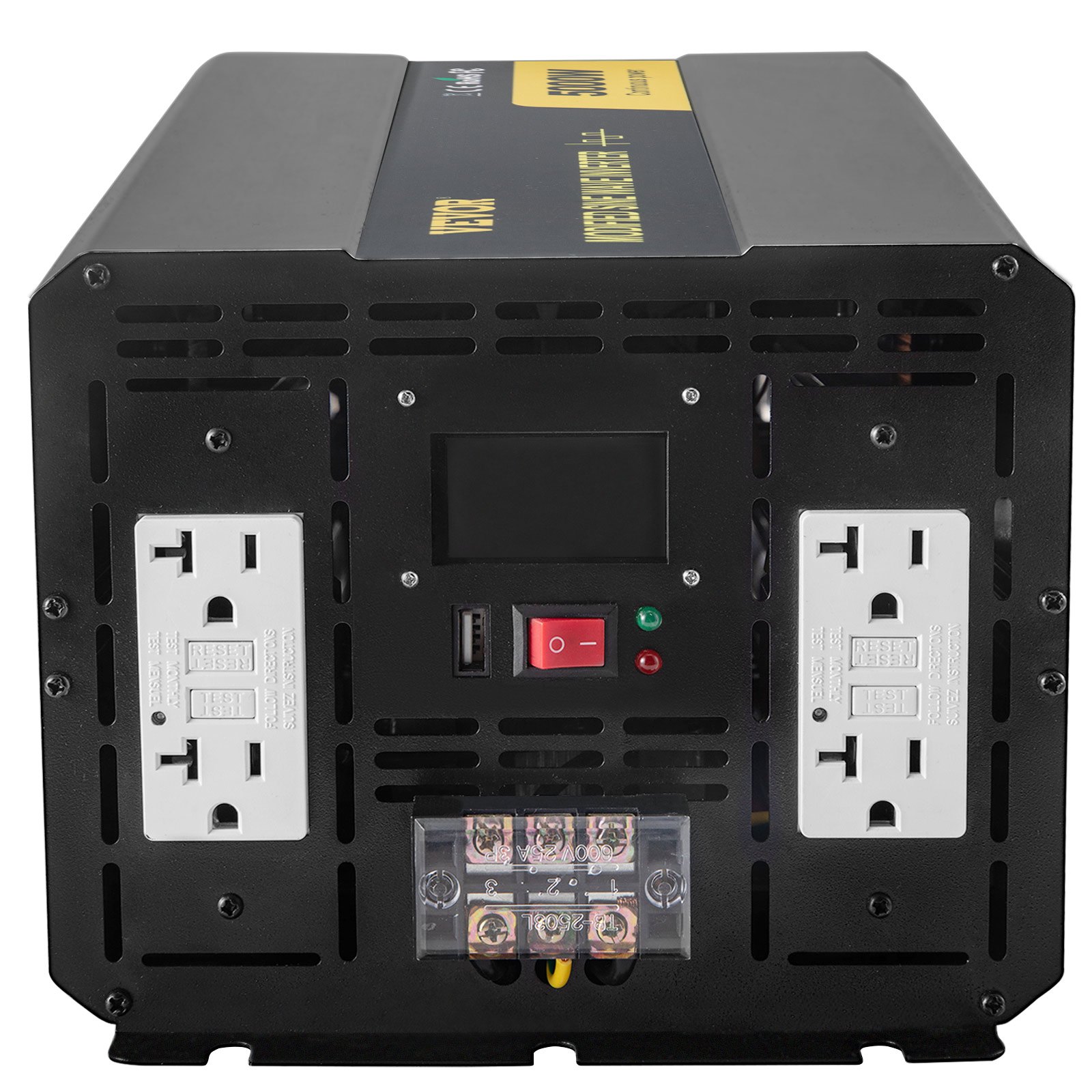 Inversor de corriente VEVOR con salidas duales, puerto USB e interruptores de control en carcasa negra.