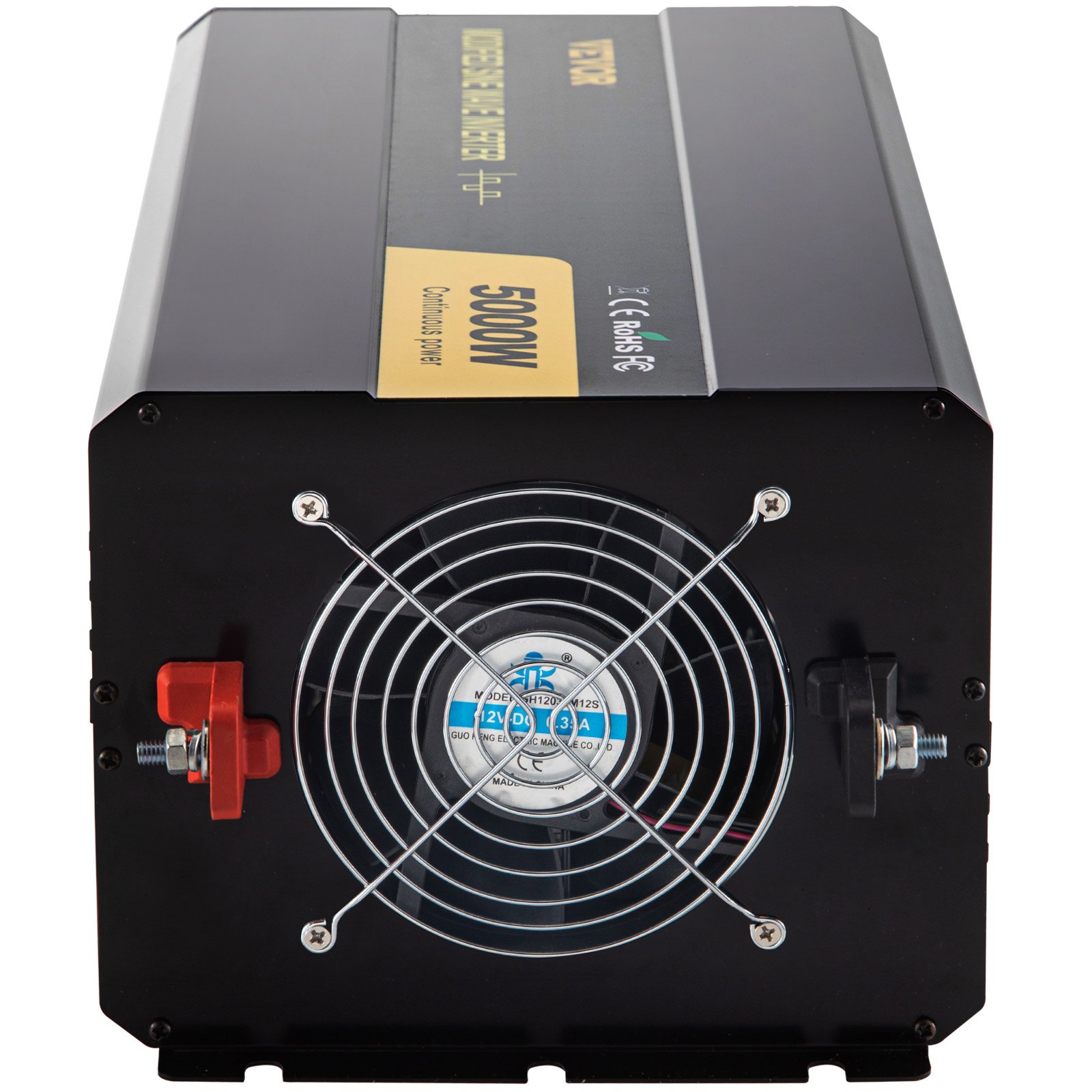 Inversor de corriente VEVOR 5000w con ventilador de refrigeración y terminales de conexión.