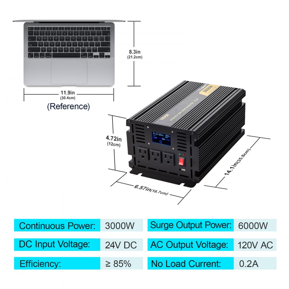 Inversor de corriente VEVOR, inversor de onda sinusoidal modificada de 3000 W, convertidor de coche de 24 V CC a 120 V CA, con pantalla LCD, mando a distancia, indicador LED, inversor de salidas de CA para camión, RV, coche, barco, viajes, camping