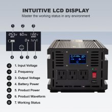 Inversor de corriente VEVOR, inversor de onda sinusoidal modificada de 3000 W, convertidor de coche de 24 V CC a 120 V CA, con pantalla LCD, mando a distancia, indicador LED, inversor de salidas de CA para camión, RV, coche, barco, viajes, camping