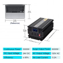 Inversor de corriente VEVOR, inversor de onda sinusoidal modificada de 3000 W, convertidor de coche de 24 V CC a 120 V CA, con pantalla LCD, mando a distancia, indicador LED, inversor de salidas de CA para camión, RV, coche, barco, viajes, camping