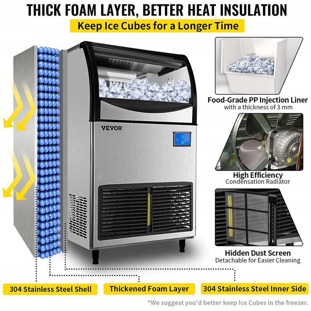 VEVOR Máquina para hacer hielo comercial, control WiFi 177LBS/24H 121LBS Máquina de hielo de almacenamiento grande con panel LCD mejorado, compresor SECOP, refrigerado por aire, incluye 2 filtros de agua, bomba de drenaje de agua, 2 cucharadas