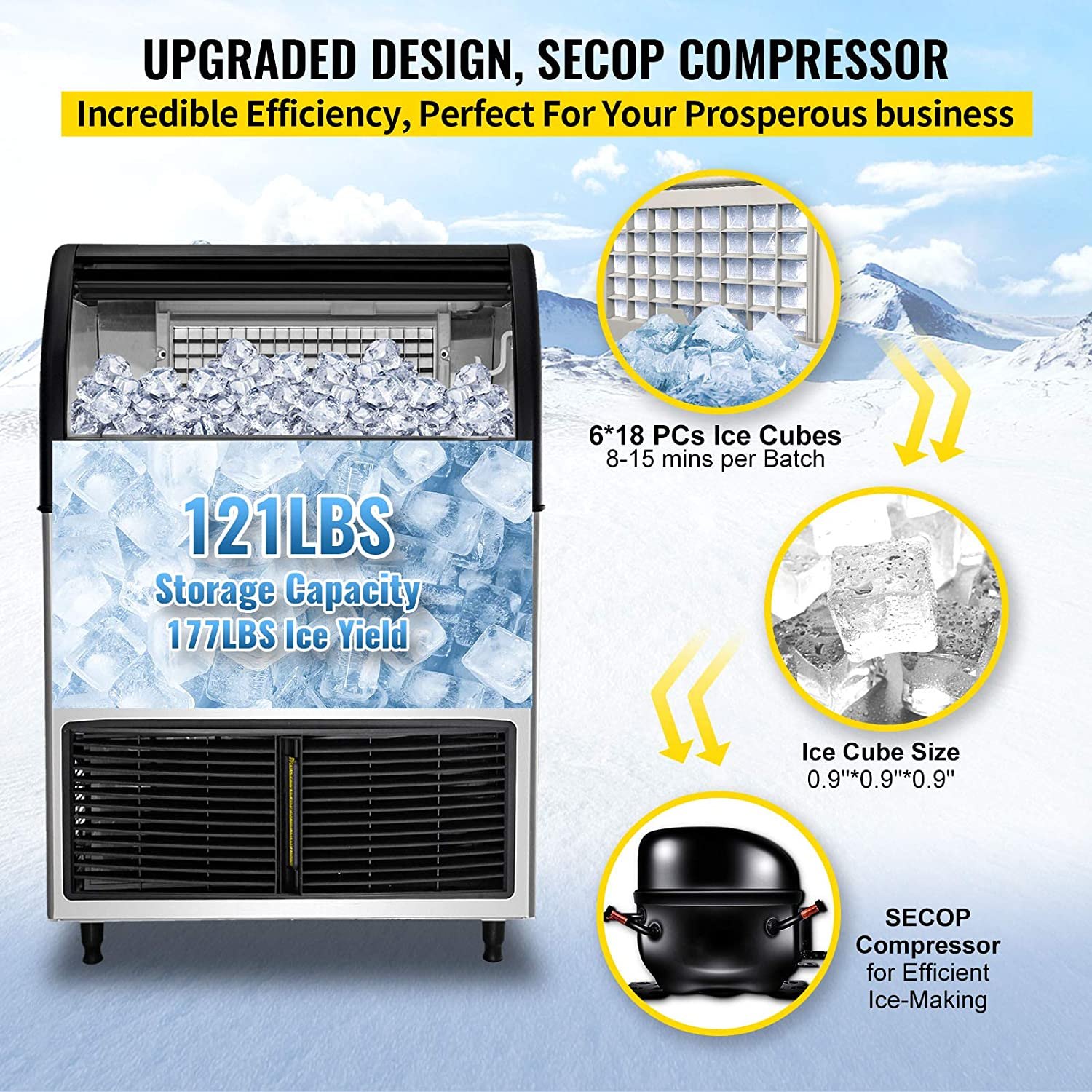 VEVOR Máquina para hacer hielo comercial, control WiFi 177LBS/24H 121LBS Máquina de hielo de almacenamiento grande con panel LCD mejorado, compresor SECOP, refrigerado por aire, incluye 2 filtros de agua, bomba de drenaje de agua, 2 cucharadas