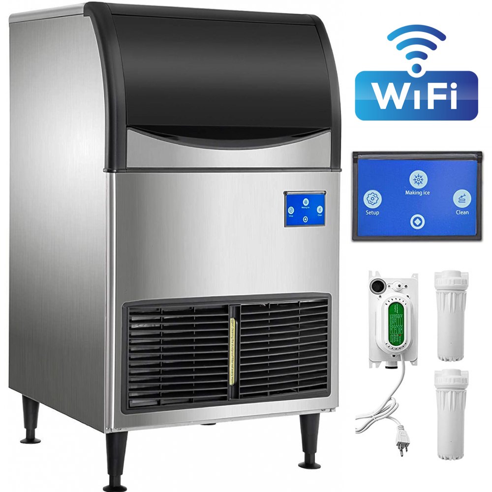 Máquina de hielo comercial VEVOR, control WiFi, 136 kg/24 h, 55 kg, gran capacidad, con panel LCD mejorado, compresor SECOP, refrigerada por aire, incluye 2 filtros de agua, bomba de drenaje y 2 palas.