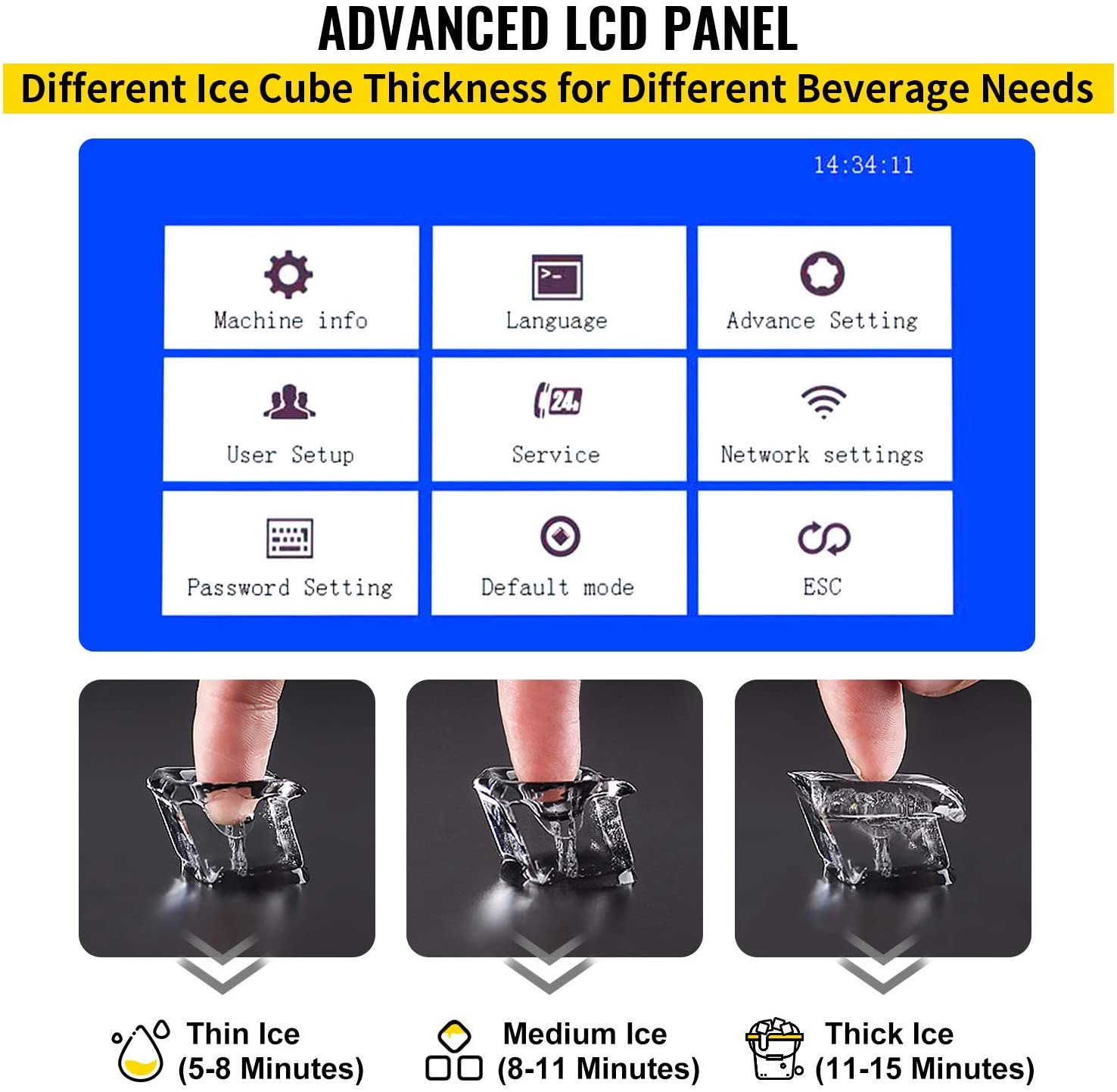 Máquina de hielo comercial VEVOR, control WiFi, 136 kg/24 h, 55 kg, gran capacidad, con panel LCD mejorado, compresor SECOP, refrigerada por aire, incluye 2 filtros de agua, bomba de drenaje y 2 palas.