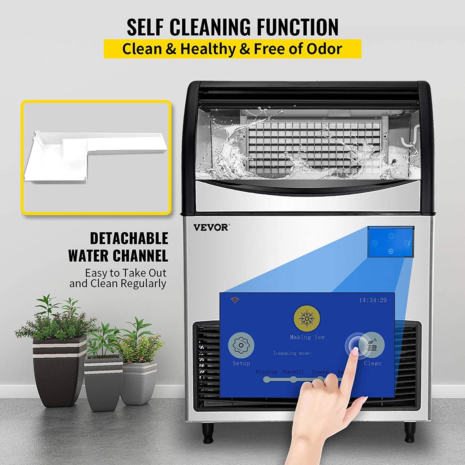 Máquina de hielo comercial VEVOR, control WiFi, 136 kg/24 h, 55 kg, gran capacidad, con panel LCD mejorado, compresor SECOP, refrigerada por aire, incluye 2 filtros de agua, bomba de drenaje y 2 palas.