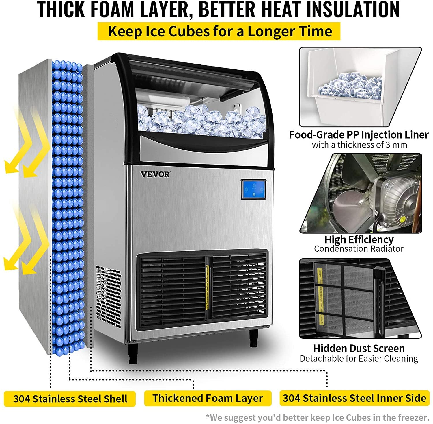 Máquina de hielo comercial VEVOR, control WiFi, 136 kg/24 h, 55 kg, gran capacidad, con panel LCD mejorado, compresor SECOP, refrigerada por aire, incluye 2 filtros de agua, bomba de drenaje y 2 palas.