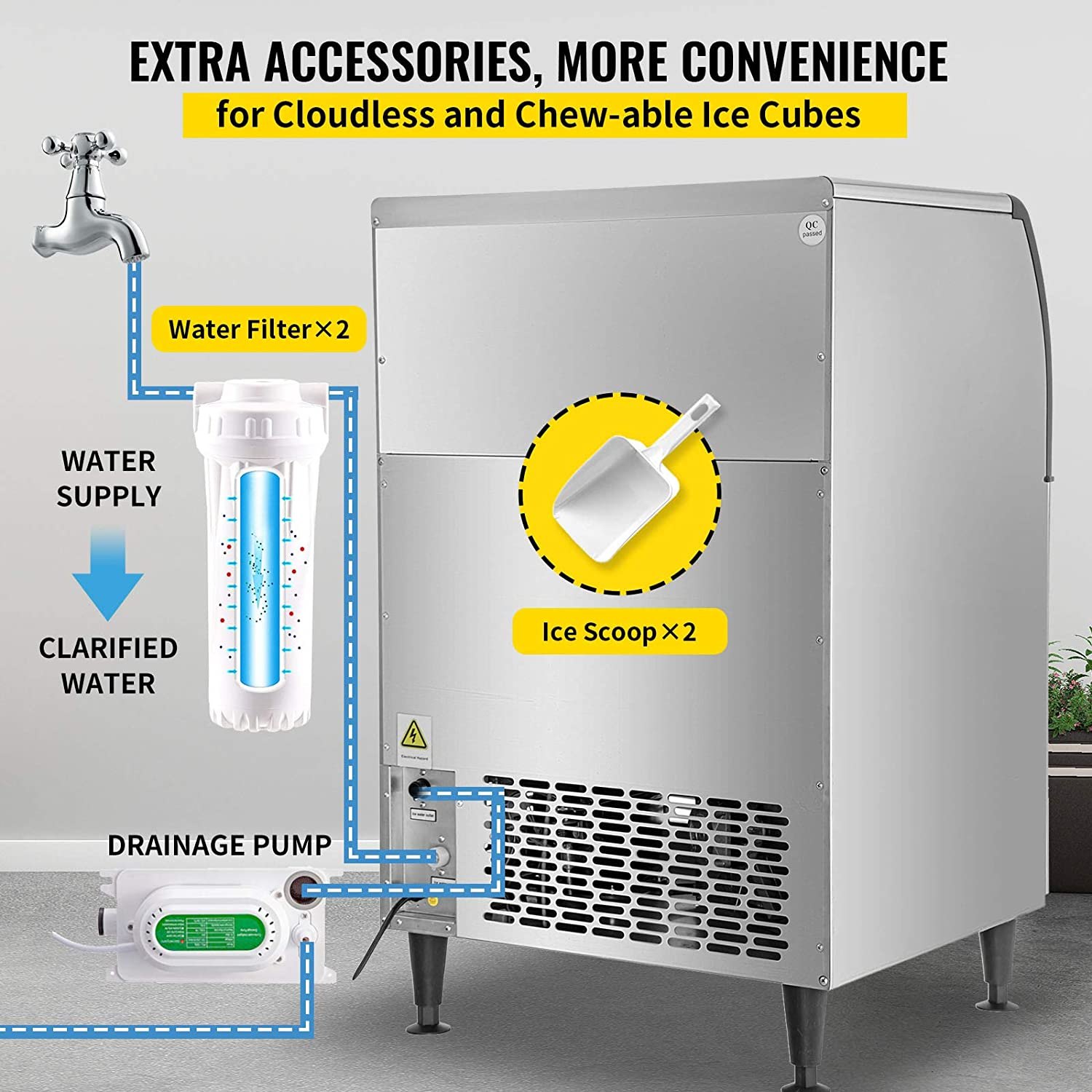 Máquina de hielo comercial VEVOR, control WiFi, 136 kg/24 h, 55 kg, gran capacidad, con panel LCD mejorado, compresor SECOP, refrigerada por aire, incluye 2 filtros de agua, bomba de drenaje y 2 palas.