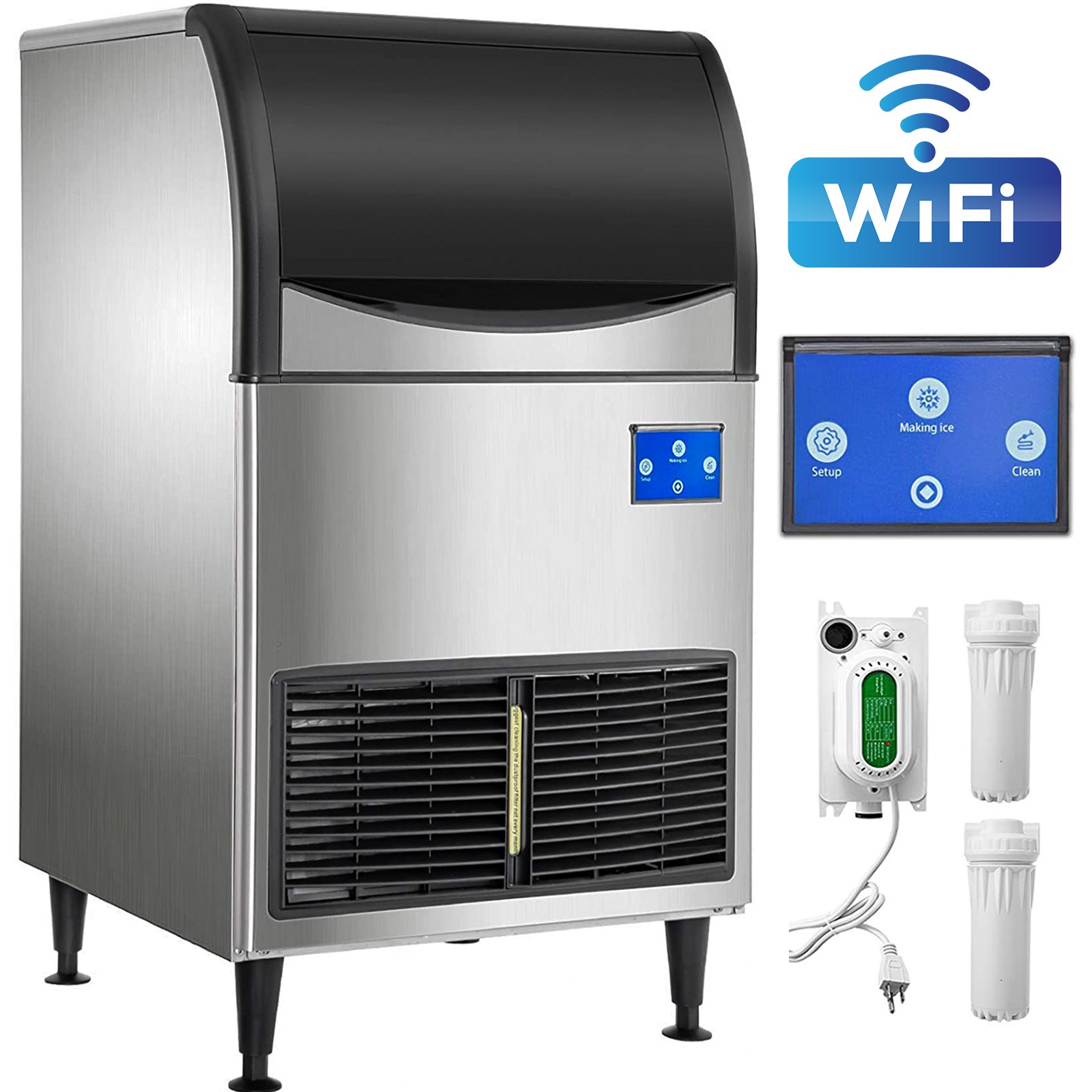 Máquina de hielo comercial VEVOR, control WiFi, 136 kg/24 h, 55 kg, gran capacidad, con panel LCD mejorado, compresor SECOP, refrigerada por aire, incluye 2 filtros de agua, bomba de drenaje y 2 palas.