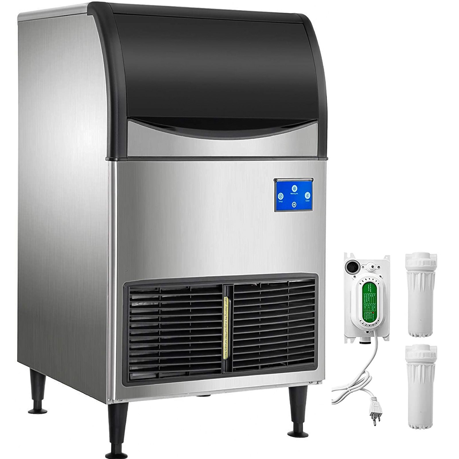 Máquina de hielo comercial VEVOR, control WiFi, 136 kg/24 h, 55 kg, gran capacidad, con panel LCD mejorado, compresor SECOP, refrigerada por aire, incluye 2 filtros de agua, bomba de drenaje y 2 palas.