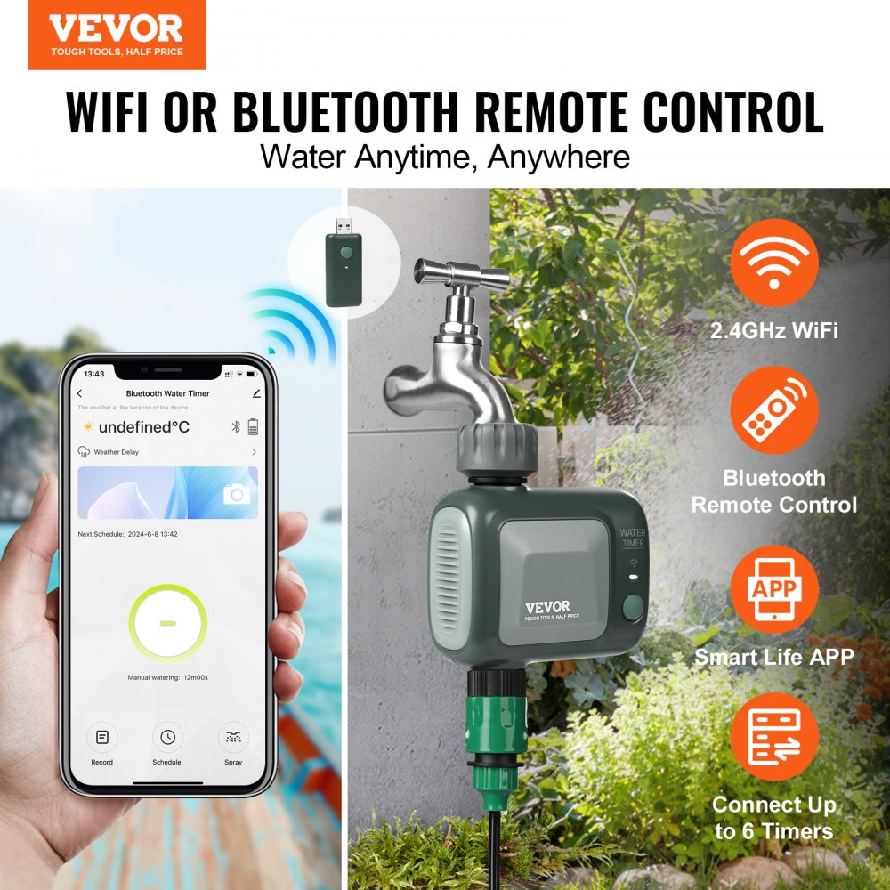 Temporizador de riego VEVOR WiFi, salida única, temporizador inteligente para grifo de manguera con entrada de latón, control por aplicación mediante WiFi de 2,4 GHz o Bluetooth, control por voz con Alexa y Google Assistant, IPX6 para riego de jardín.