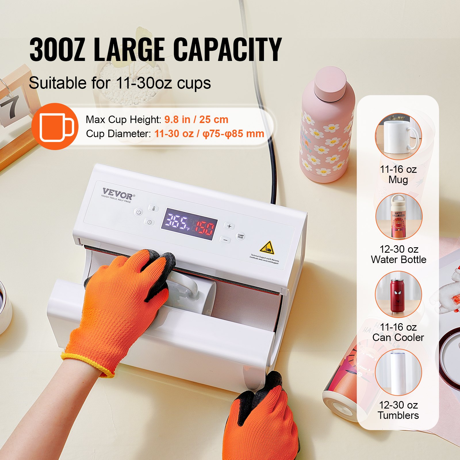 VEVOR - Prensa térmica automática para vasos de sublimación de 11-30 oz, calentamiento rápido y uniforme, con cinta y guante, ajuste de temperatura y tiempo, para vasos, tazas y jarros, color blanco