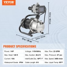VEVOR Bomba de pozo poco profundo, 1 HP 115 V, 1200 GPH 164 pies de cabeza, máx. 87 psi, bombas de chorro de refuerzo de aspersores portátiles de acero inoxidable con controlador automático para sis