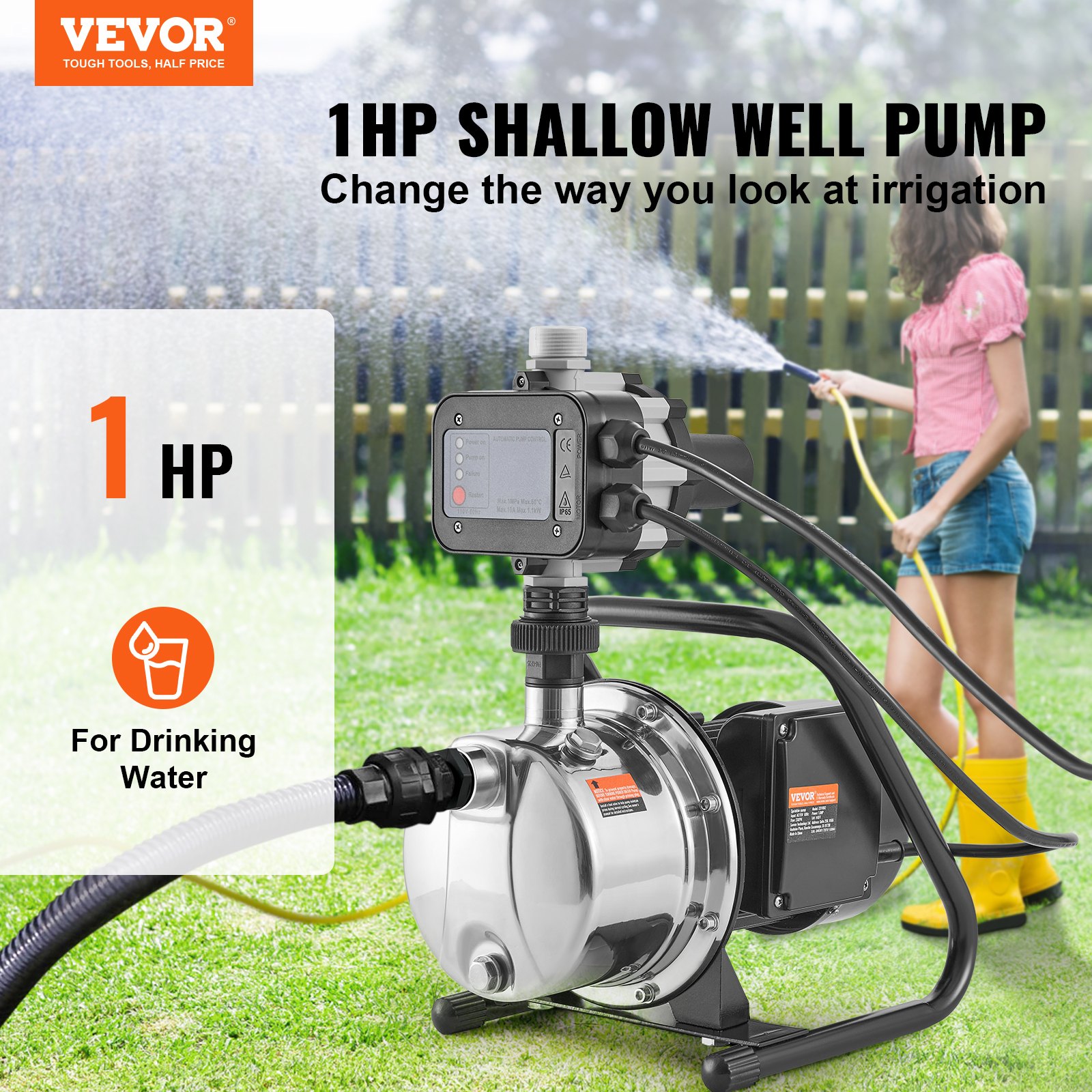 VEVOR Bomba de pozo poco profundo, 1.5 HP 115 V, 1200 GPH 164 pies de cabeza, máx. 87 psi, bombas de chorro de refuerzo de aspersores portátiles de acero inoxidable con controlador automático para sis