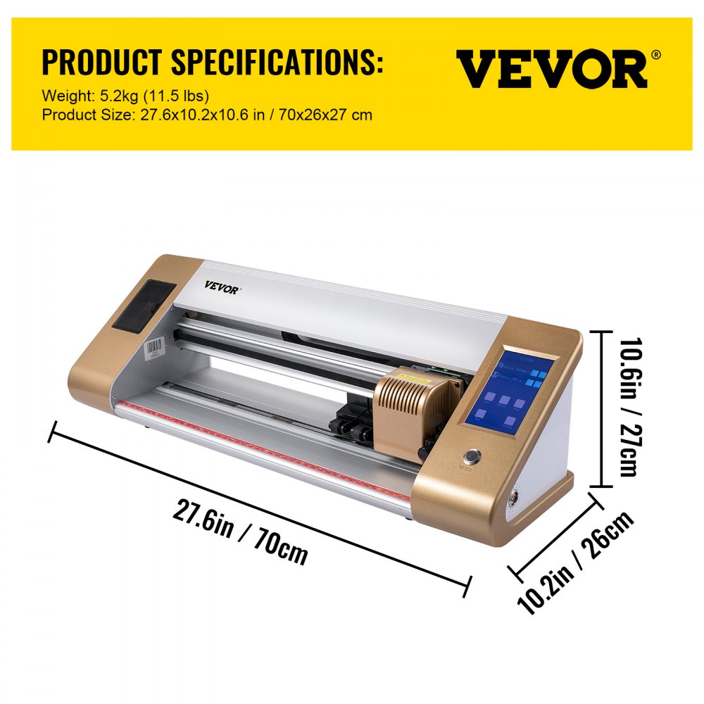 Especificaciones del cortador de vinilo VEVOR: 27,6 x 10,2 x 10,6 pulgadas, peso 5,2 kg.