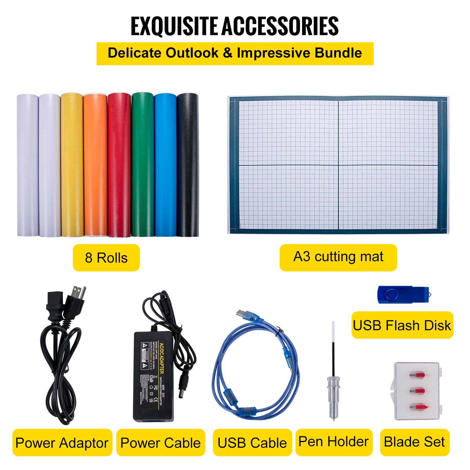 Paquete de cortador de vinilo VEVOR: 8 rollos, tapete de corte A3, adaptador de corriente, disco flash USB.