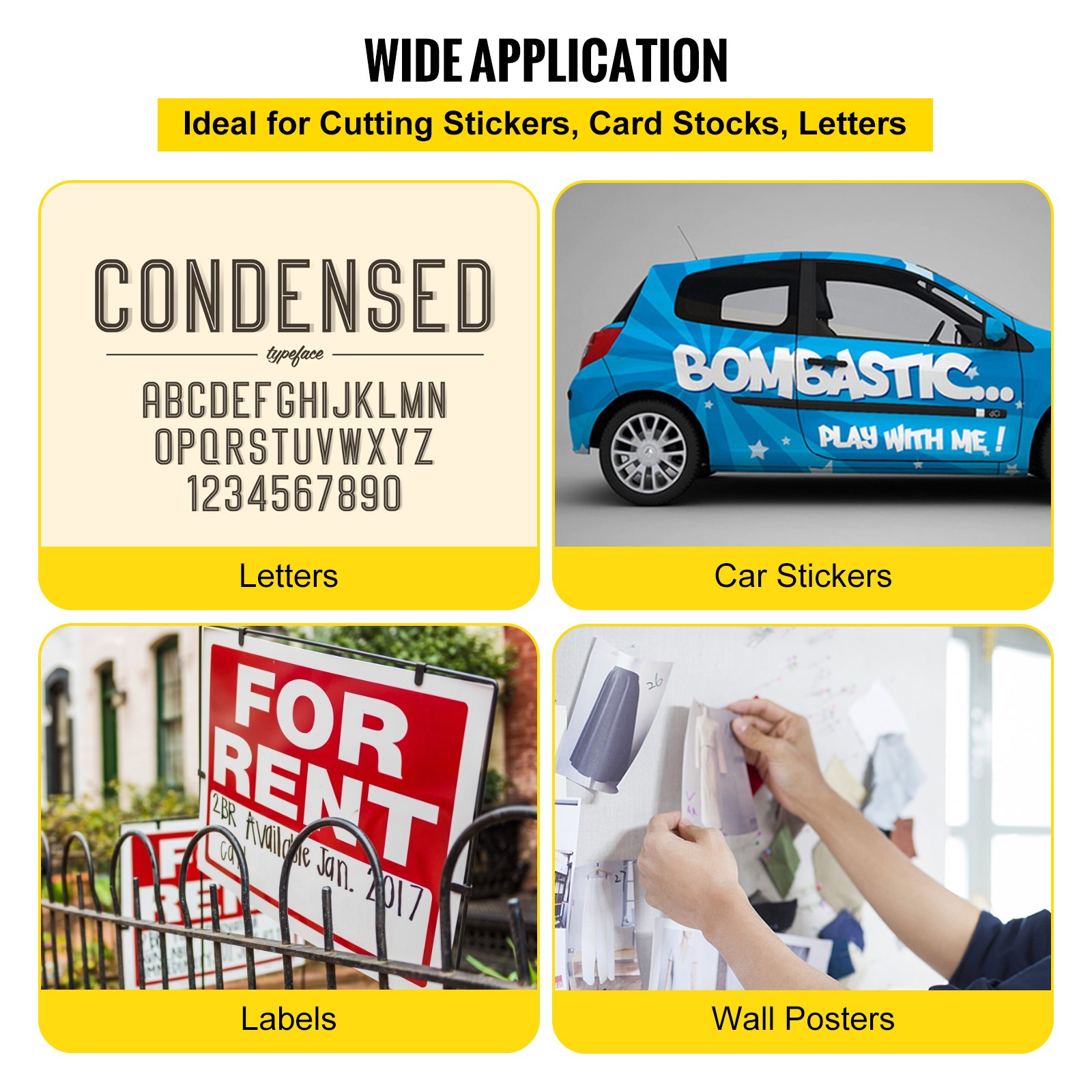 Usos del cortador de vinilo VEVOR: letras, pegatinas para coches, etiquetas, carteles de pared.