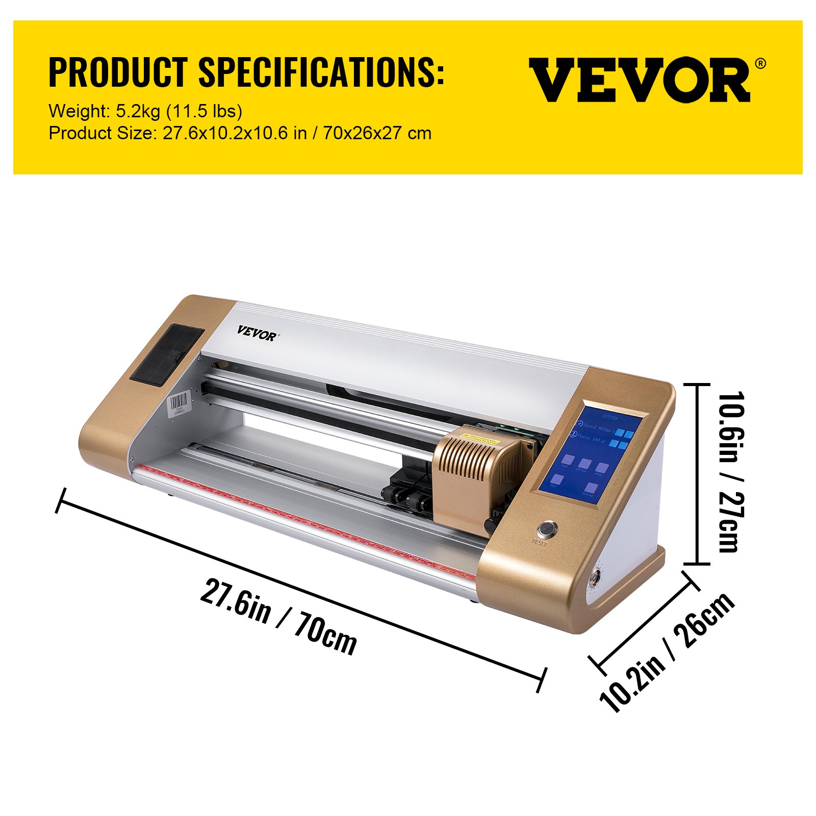 Especificaciones del cortador de vinilo VEVOR: 27,6 x 10,2 x 10,6 pulgadas, peso 5,2 kg.