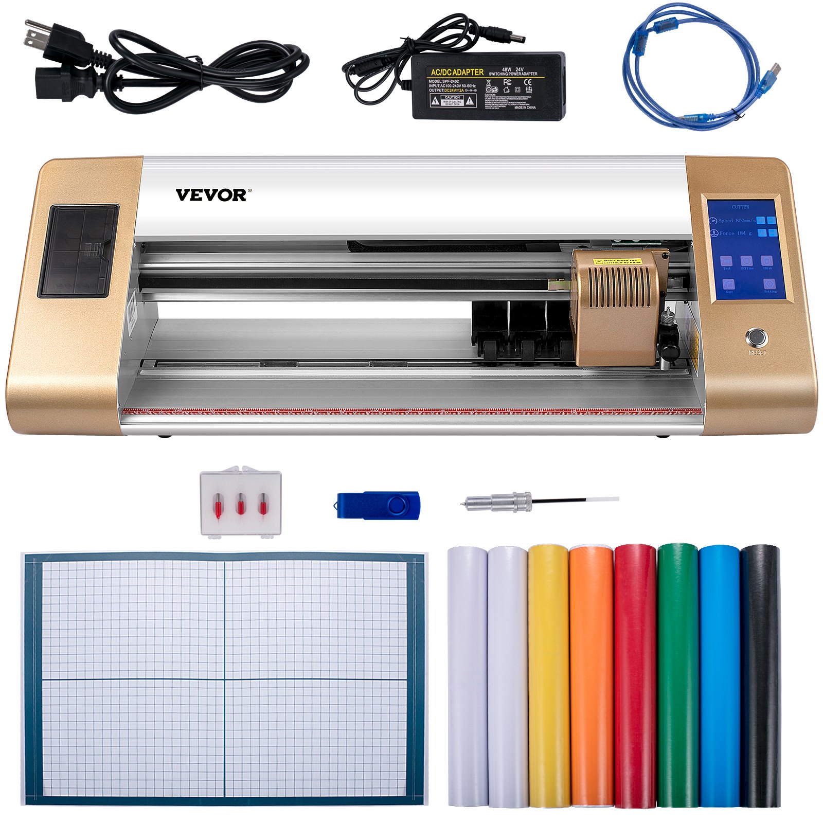 Cortadora de vinilo VEVOR con cables, caja de control, rollos de colores y accesorios.