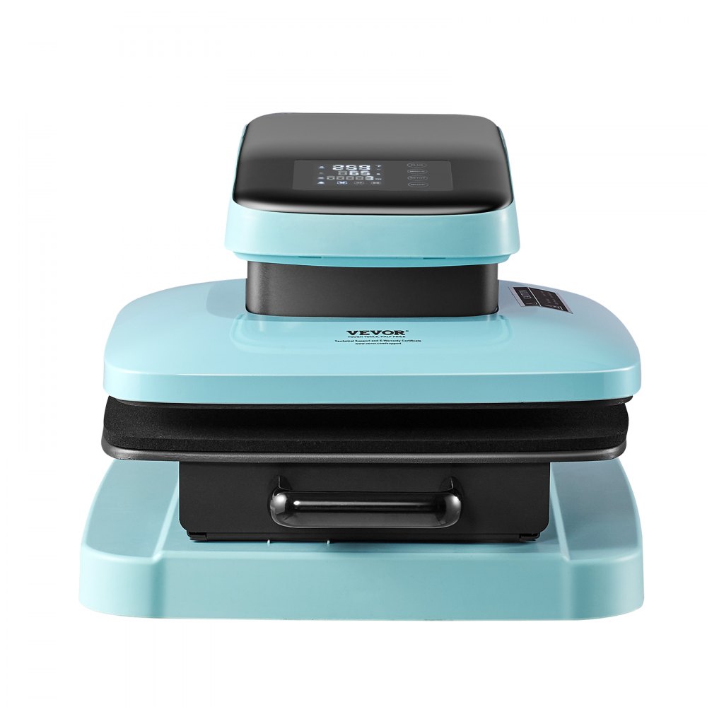 Máquina de prensado térmico automático VEVOR con cuerpo turquesa, pantalla digital y placa térmica negra.