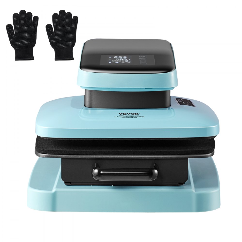 Máquina de prensado térmico automático VEVOR en color azul con guantes negros resistentes al calor.