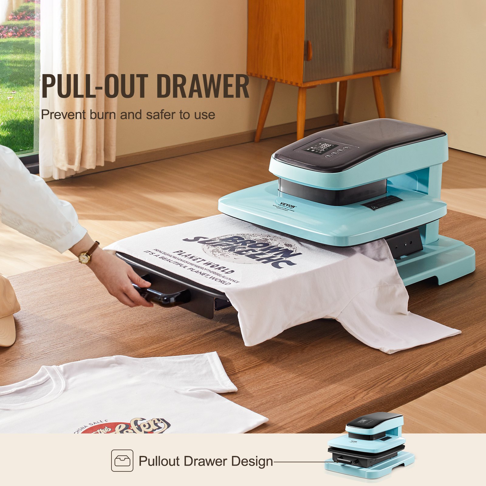Máquina de prensado térmico automática VEVOR con cajón extraíble para un uso más seguro, prensando una camiseta blanca sobre una mesa de madera.