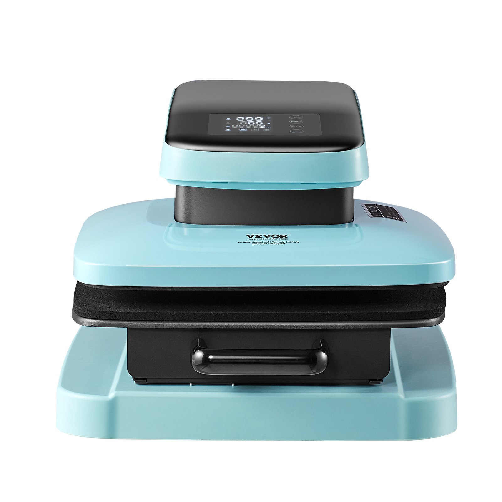 Máquina de prensado térmico automático VEVOR con cuerpo turquesa, pantalla digital y placa térmica negra.