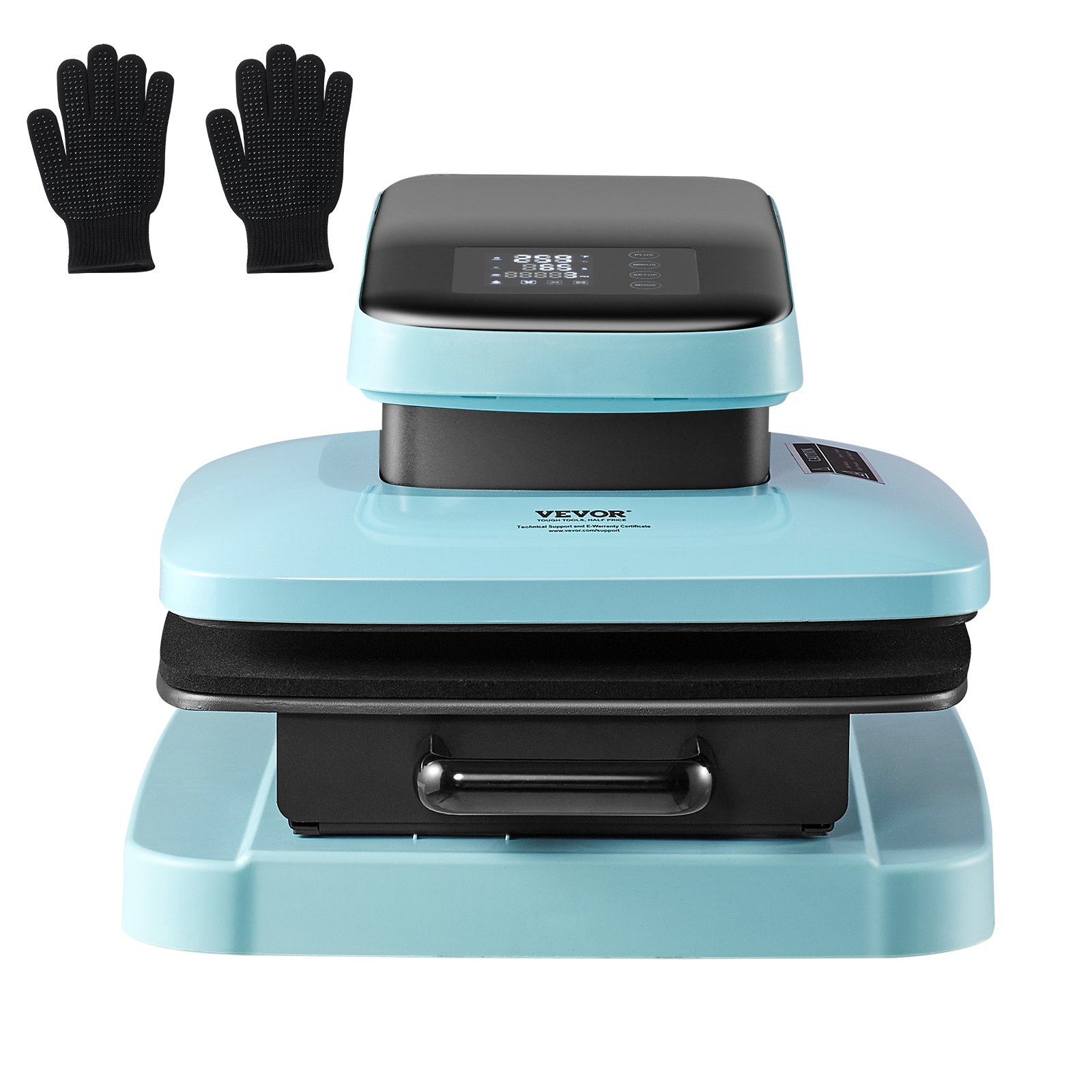 Máquina de prensado térmico automático VEVOR en color azul con guantes negros resistentes al calor.
