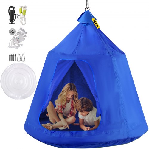 Tienda de campaña para árbol colgante VEVOR, máx. Columpio para tienda de campaña con capacidad de 440 libras, Hugglepod Hangout con luces LED decorativas de arcoíris, cojín inflable, hamaca de techo, traje de tienda para niños y adultos en interiores y exteriores, azul