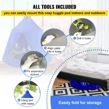 Tienda de campaña para árbol colgante VEVOR, máx. Columpio para tienda de campaña con capacidad de 440 libras, Hugglepod Hangout con luces LED decorativas de arcoíris, cojín inflable, hamaca de techo, traje de tienda para niños y adultos en interiores y exteriores, azul