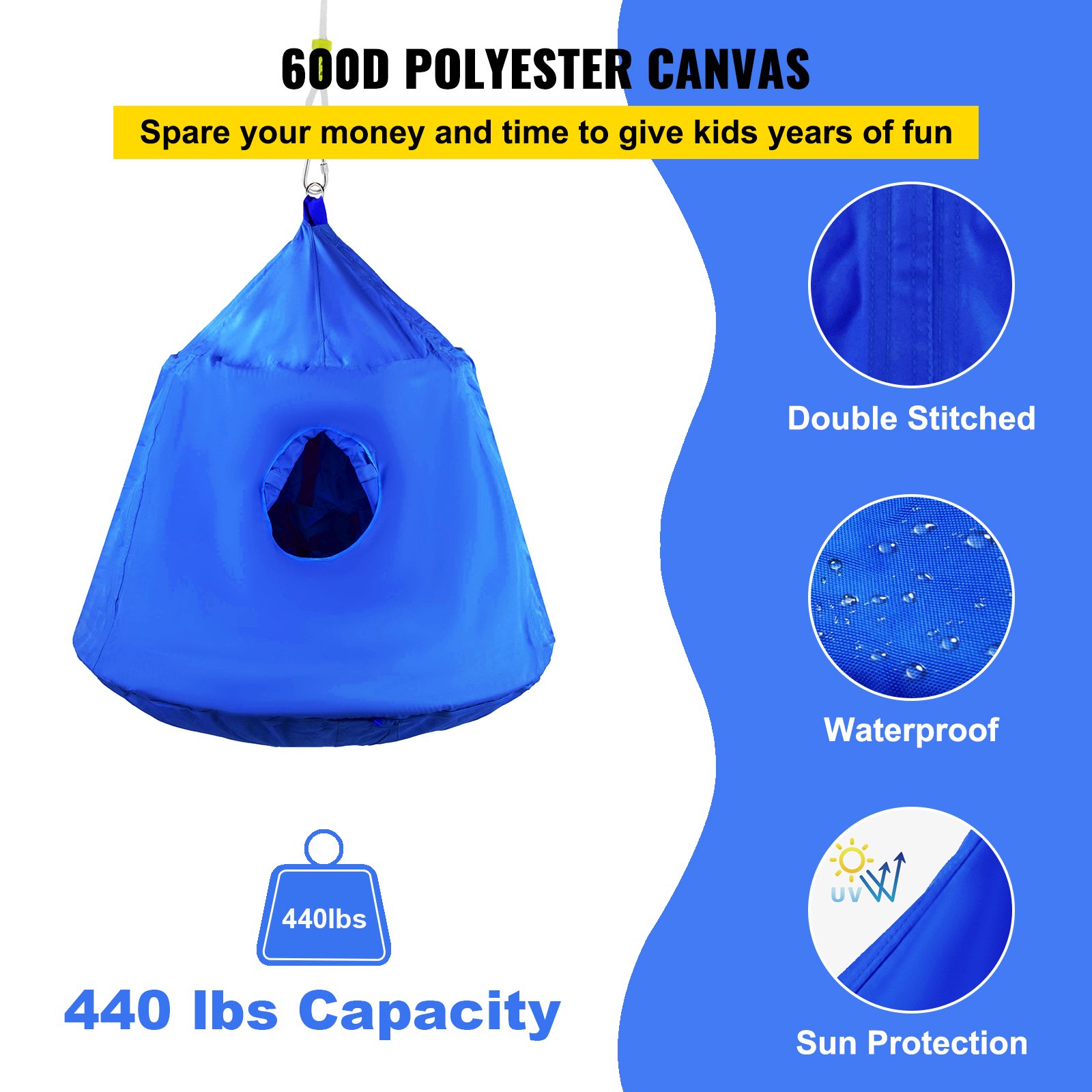 Tienda de campaña colgante para árbol VEVOR, capacidad máxima de 200 kg, hamaca colgante con luces LED decorativas de arcoíris, cojín inflable, hamaca de techo, ideal para niños y adultos, interior y exterior, color azul