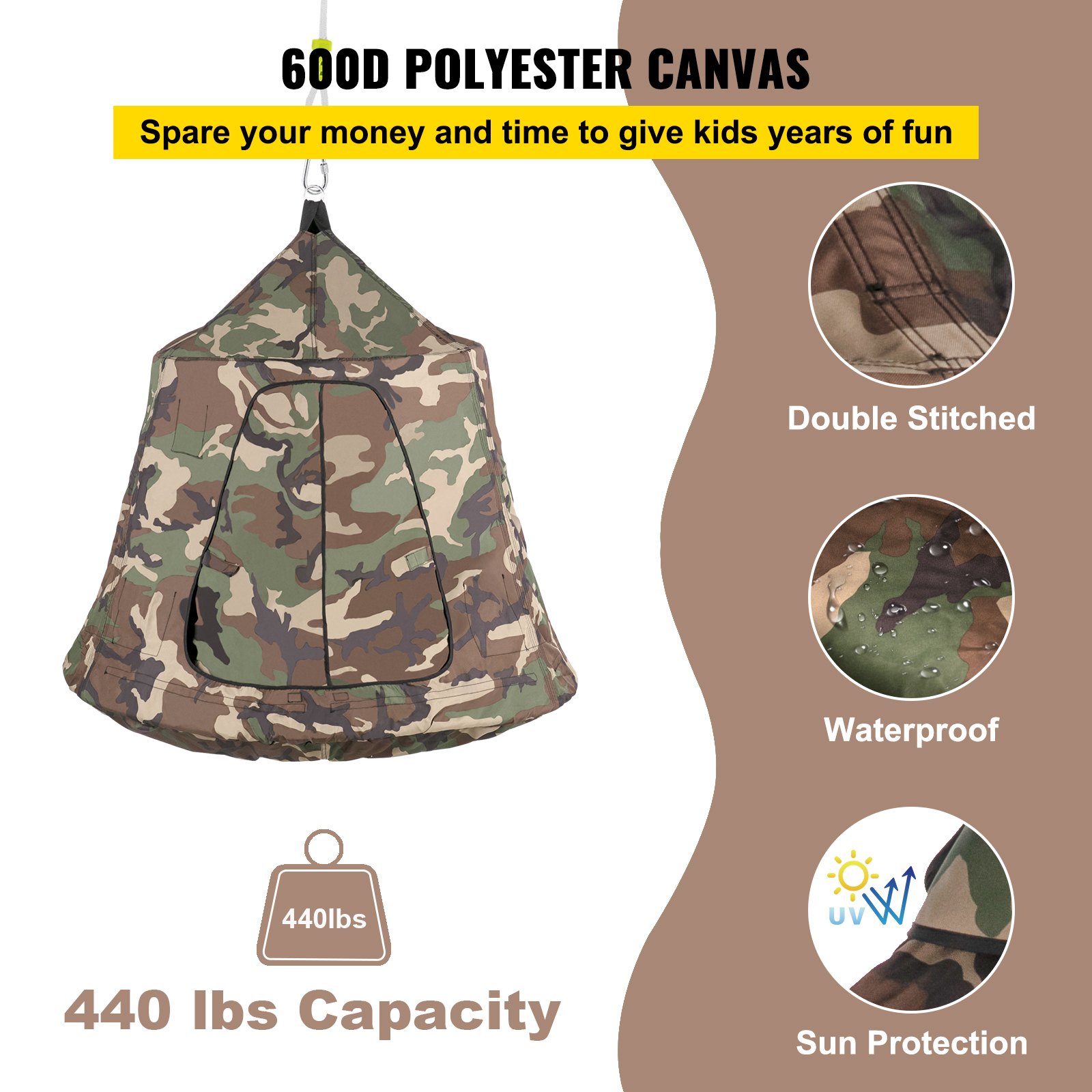 Tienda de campaña colgante para árbol VEVOR, capacidad máxima de 200 kg, hamaca colgante con luces LED decorativas de arcoíris, cojín inflable, hamaca de techo, ideal para niños y adultos, interior y exterior.